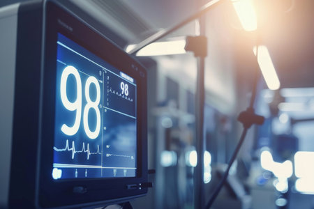 Close up of surgeons performing surgery in a modern hospital with heart rate monitor displaying 98の写真素材