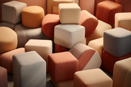 Artistic minimalism with soft fabric geometric shapes in warm tones against a textured backdropの写真素材