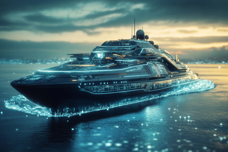 Futuristic cargo ship embodying advanced digital systems in a global logistics network at seaの写真素材