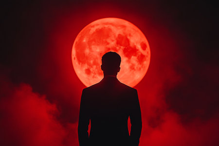 Mysterious man in suit under a red moon eerie silhouette with neon light reflectionの写真素材