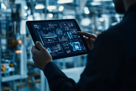Businessman utilizing tablet for smart warehouse management with future tech in a factory settingの写真素材