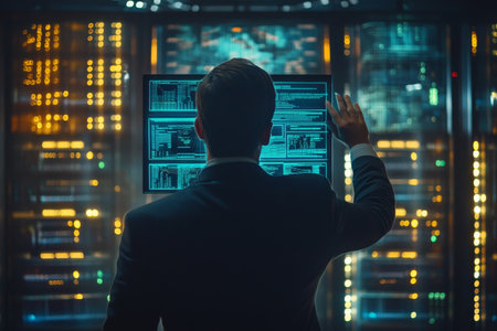 Businessman interacting with futuristic digital interface in high tech data center environmentの写真素材