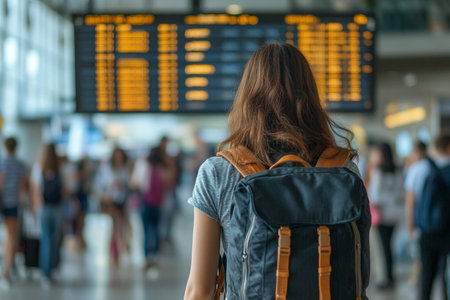 Young woman at airport with backpack, surrounded by a blurred crowd, ready for her adventureの写真素材
