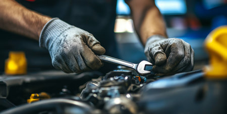 Close up of mechanic s hands in gloves using a wrench to repair a car engine in a service centerの写真素材