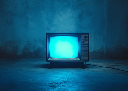 Vintage television set illuminated by blue light against a dark backdrop for nostalgic aestheticの写真素材