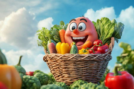 Vibrant cartoon character cheerfully holding a basket of fresh vegetables against a cloudy skyの写真素材
