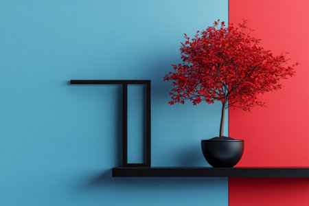 Minimalist red tree in pot on shelf with black frame against blue background in modern home entranceの写真素材