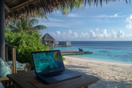 Laptop on table overlooking a stunning maldives beach, creating a serene tropical work environmentの写真素材