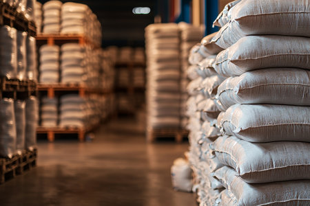 Spacious warehouse with stacked sacks of white rice and grain bags for global logistics and cargoの写真素材