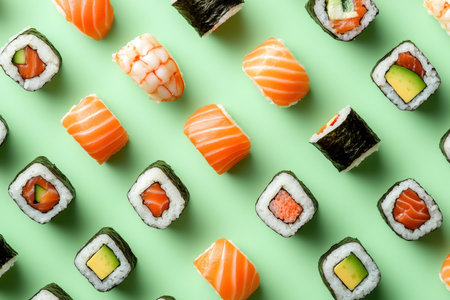 Artistic top down display of sushi varieties on a soft green background for food illustrationの写真素材