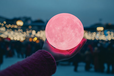 A woman s hand cradle a glowing pink moon amidst a night crowd beneath a stunning skyの写真素材