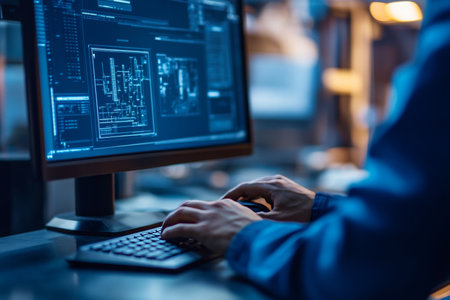 Engineer focused on cnc design software and mechanical drawings in a modern industrial settingの写真素材