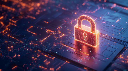 3d glowing padlock icon on a network background symbolizing data protection and cyber securityの写真素材