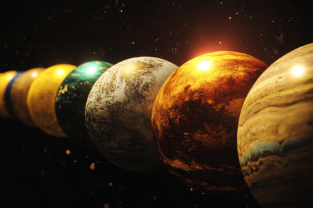 Vividly colorful striped planets of the solar system rendered against a dark backdrop in 3dの写真素材