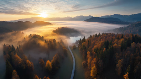 Aerial view of a foggy valley with forest, road at sunriseの写真素材