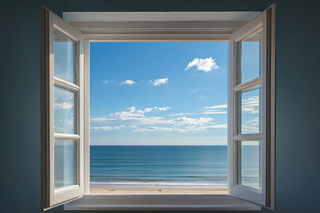 Stunning ocean view from open house window showcasing blue sky, waves, and beach horizonの写真素材