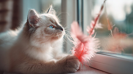 Adorable baby ragdoll cat engaged with a pink feather toy in a sunlit window settingの写真素材