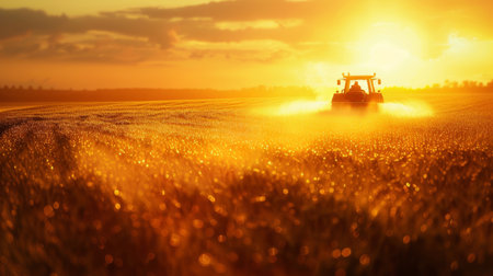 Tractor spraying chemicals on green wheat fields during spring harvest at sunset macro photographyの写真素材