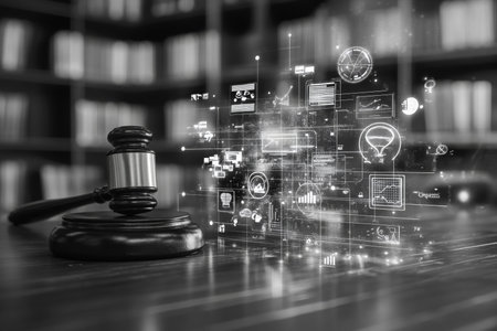 Gavel with online law and business technology icons on wooden table in blurred office setting