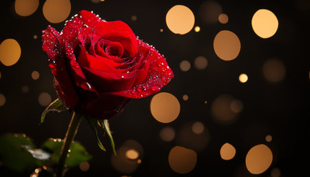 Stunning red rose with dewdrops on dark background and bokeh lights for romantic occasionsの写真素材