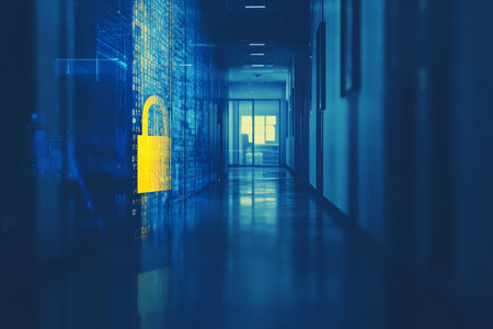 Abstract digital background with blue and yellow data code and security padlock icon for web design
