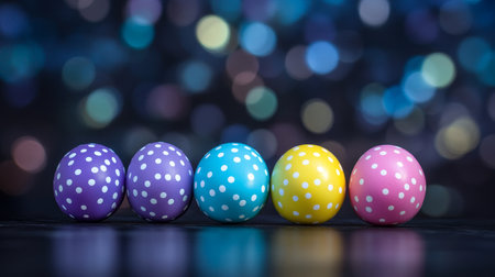 Vibrant polka dot easter eggs in pastel shades on a dark background a festive photography captureの写真素材