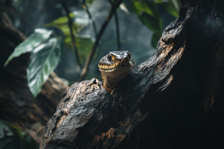 Stunning wildlife capture of a snake coiled on a tree trunk in a lush forest environmentの写真素材