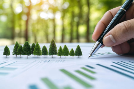 Businessman analyzing financial data with green energy concept amid forest trees on table