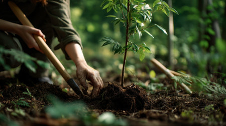 Young woman cultivating trees in a lush forest, promoting eco friendly practices and teamworkの写真素材