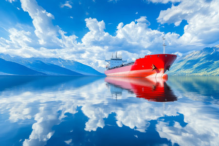Majestic red cargo ship on shoreline with stunning mountains and reflective waters under blue skyの写真素材