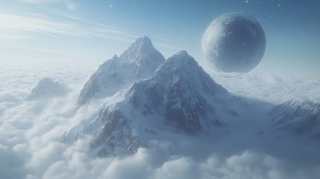 Surreal alien landscape with towering mountains and celestial bodies in a dreamy atmosphere