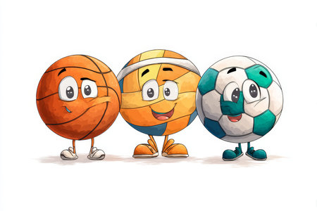 Playful cartoon sports balls basketball, volleyball, and soccer ball mascots for team logo designの写真素材