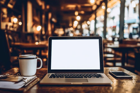Modern office workspace in morning light featuring laptop, coffee, and blank screenの写真素材