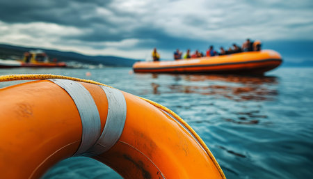 Close up of life ring and orange rescue boat with people amidst greek coast and cloudy skyの写真素材