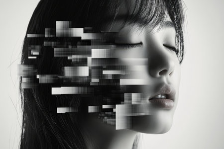 Surreal black and white portrait of an Asian woman with glitch effects and a calm gray backgroundの写真素材