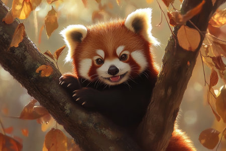 Charming red panda smiling on tree branch in forest a close up portrait of this adorable creatureの写真素材