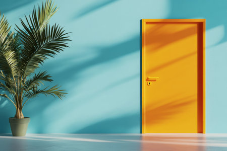 3d rendering of a vibrant orange door with yellow handle on a blue wall in minimalist interiorの写真素材