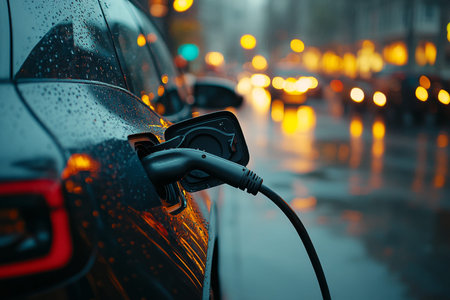 Morning city traffic electric car charging amidst mist and raindrops on glass windows