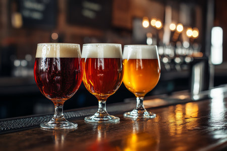 Three distinct beer glasses on bar counter a captivating stock photo of different beer varietiesの写真素材