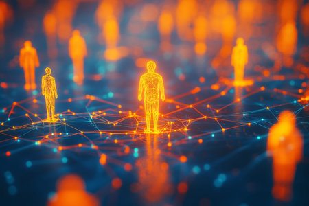 Futuristic social network visualization with glowing human figures on a dark blue digital background
