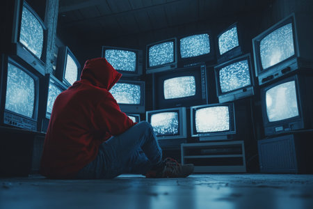 A focused young man in a red hooded jacket watches multiple screens in a dimly lit room