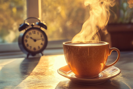 Cozy morning scene steaming coffee cup with alarm clock bathed in soft morning light and warm huesの写真素材