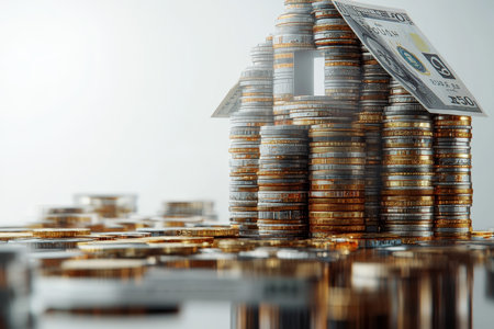 Creative financial concept house made of coins and banknotes symbolizing wealth and stability