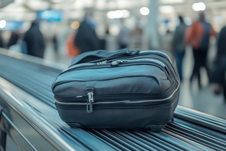 Black suitcase on airport conveyor belt with blurred travelers, symbolizing travel and adventure.の写真素材