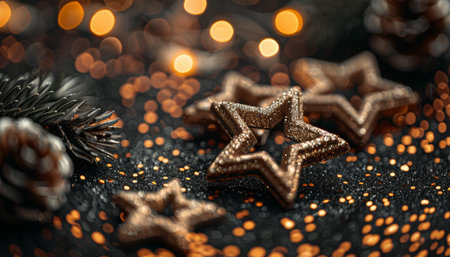 Realistic christmas scene with stars, lights, and silver glitter bokeh for a festive atmosphereの写真素材