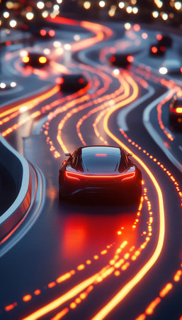 Dynamic cinematic shot of a futuristic autonomous car in motion on a busy city highway