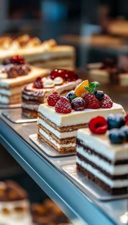 Collection of artfully designed cakes on display at a contemporary bakery with fruit decor focusの写真素材