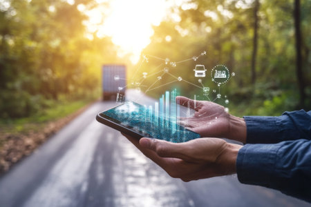 Businessman analyzing truck logistics with data visualization on an asphalt road amidst nature