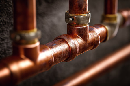 Intricate close up of copper pipes in home water systemの写真素材