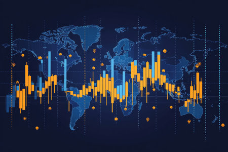 Stylish stock market chart with candlestick graphics on world map, dark blue and orange designの写真素材